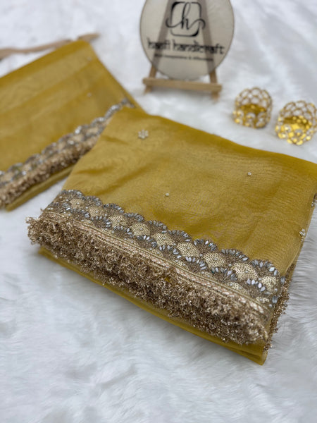 Gul-e-Zar Soft Gold Pearl Motif Handwork Saree with Mirror work Borders