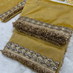 Gul-e-Zar Soft Gold Pearl Motif Handwork Saree with Mirror work Borders