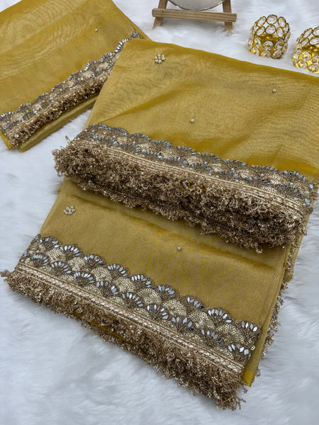 Gul-e-Zar Soft Gold Pearl Motif Handwork Saree with Mirror work Borders