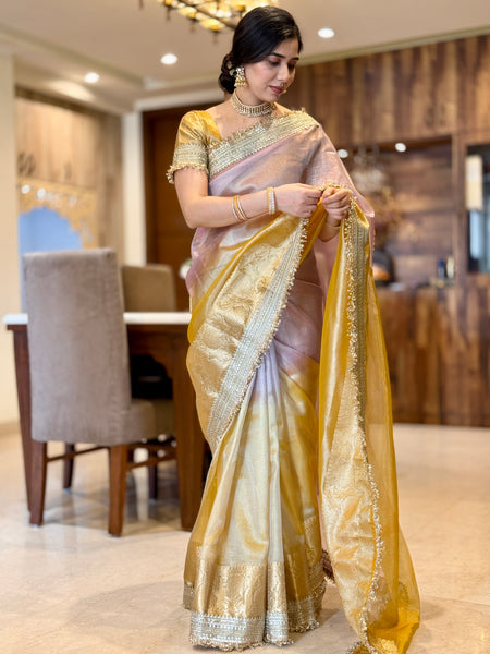 Dual Shade Lavender Gold Maharani Tissue Silk Saree