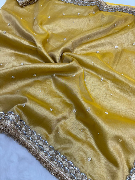 Gul-e-Zar Soft Gold Pearl Motif Handwork Saree with Mirror work Borders