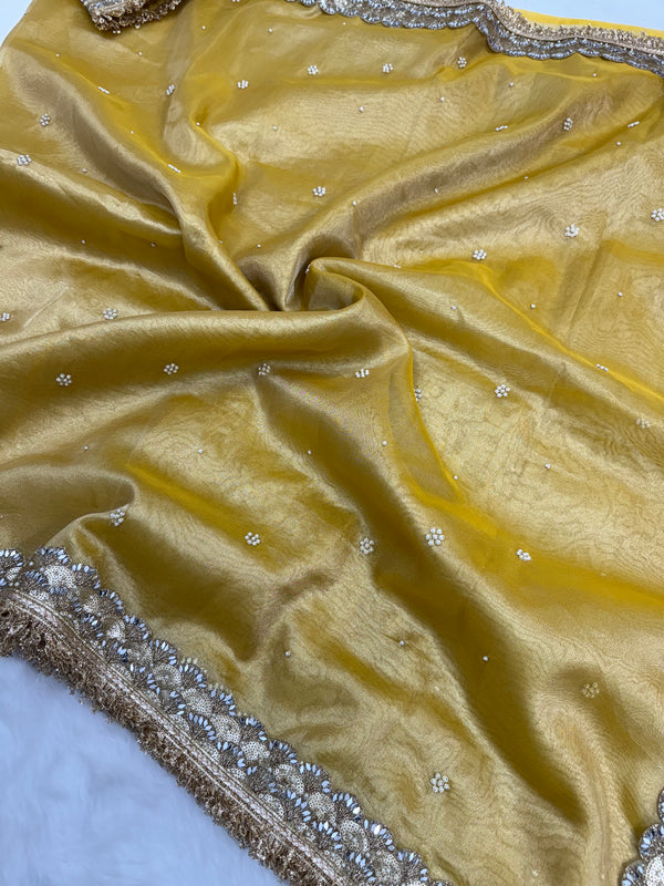 Gul-e-Zar Soft Gold Pearl Motif Handwork Saree with Mirror work Borders