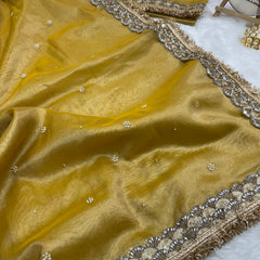 Gul-e-Zar Soft Gold Pearl Motif Handwork Saree with Mirror work Borders