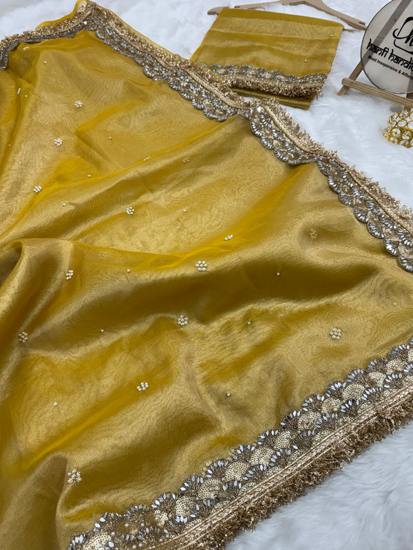Gul-e-Zar Soft Gold Pearl Motif Handwork Saree with Mirror work Borders