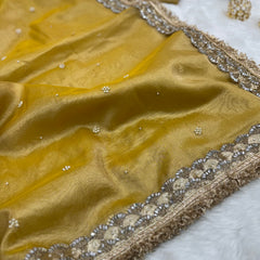 Gul-e-Zar Soft Gold Pearl Motif Handwork Saree with Mirror work Borders