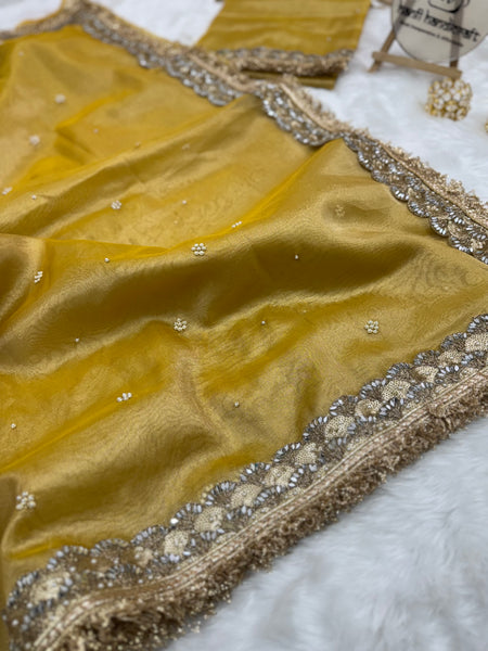 Gul-e-Zar Soft Gold Pearl Motif Handwork Saree with Mirror work Borders