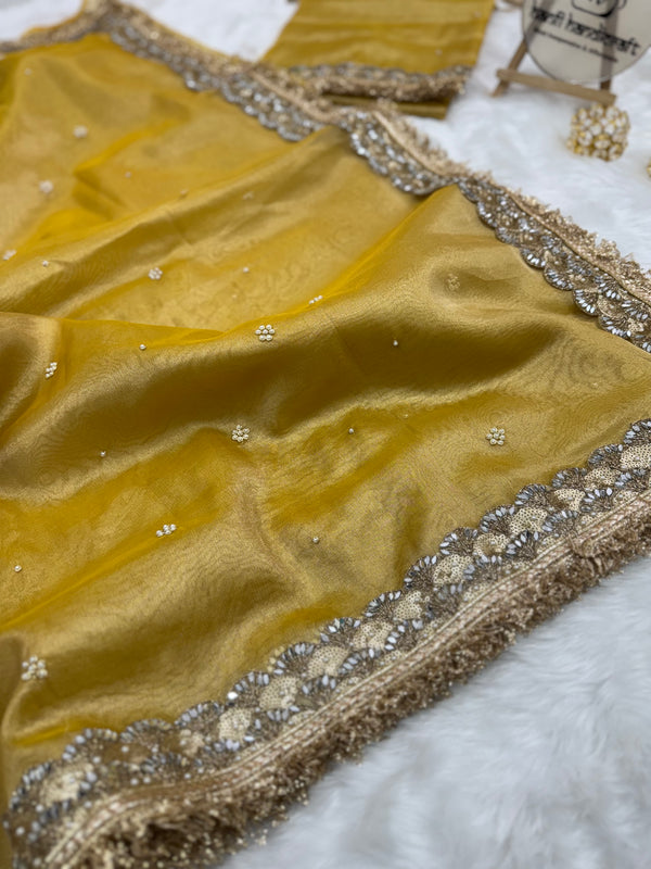 Gul-e-Zar Soft Gold Pearl Motif Handwork Saree with Mirror work Borders
