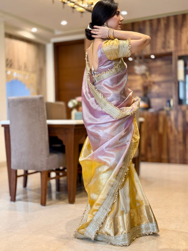 Dual Shade Lavender Gold Maharani Tissue Silk Saree