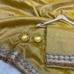 Gul-e-Zar Soft Gold Pearl Motif Handwork Saree with Mirror work Borders