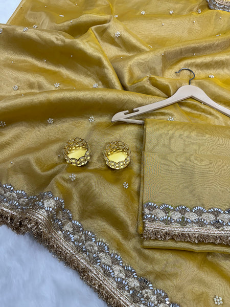 Gul-e-Zar Soft Gold Pearl Motif Handwork Saree with Mirror work Borders