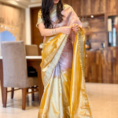 Dual Shade Lavender Gold Maharani Tissue Silk Saree