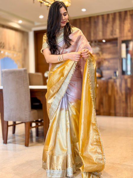 Dual Shade Lavender Gold Maharani Tissue Silk Saree