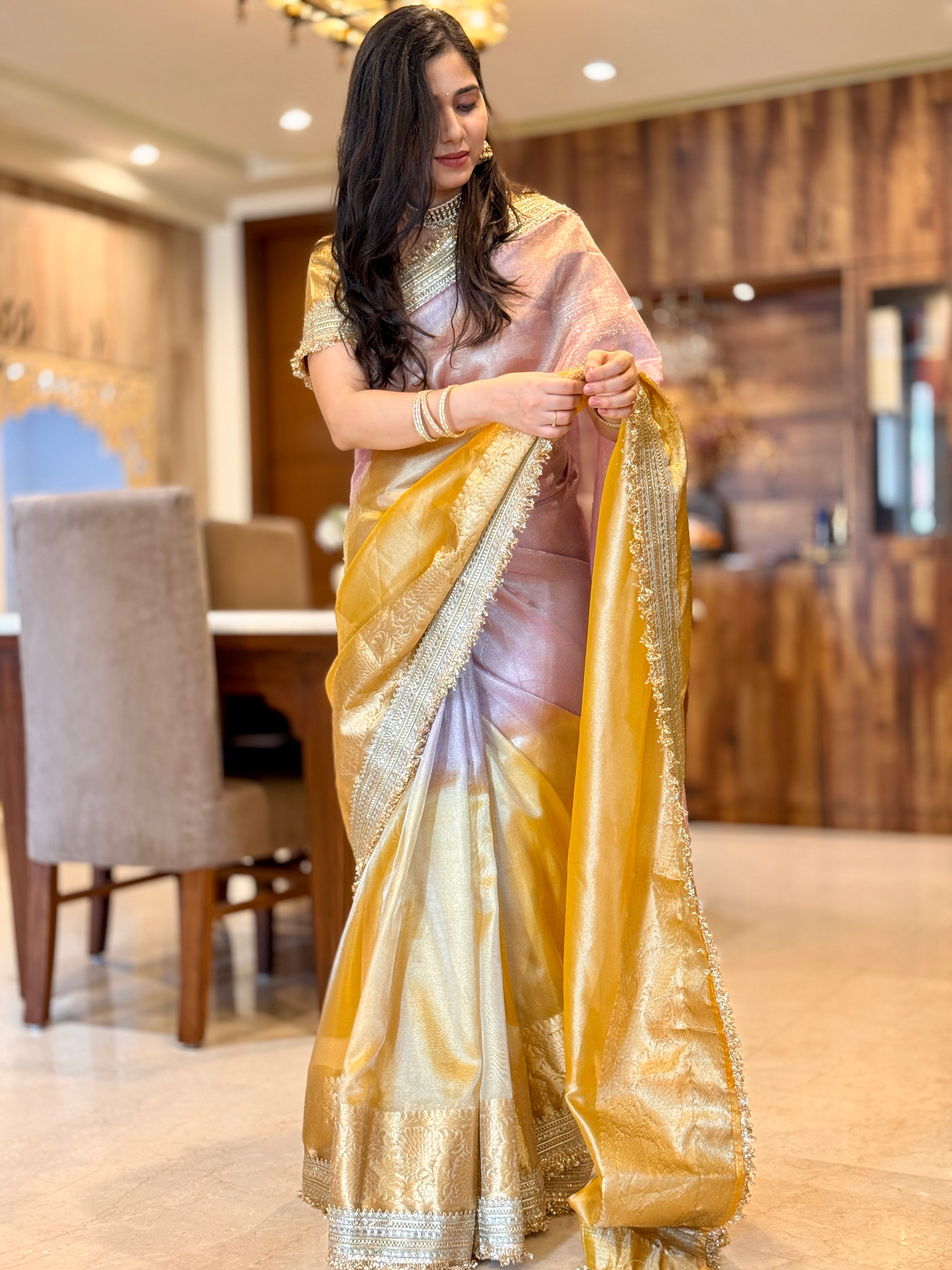 Dual Shade Lavender Gold Maharani Tissue Silk Saree