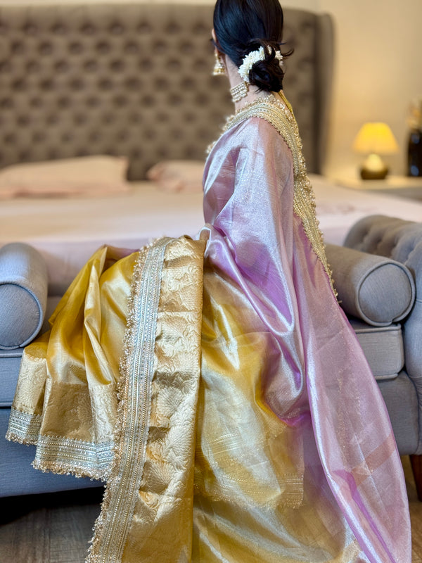 Dual Shade Lavender Gold Maharani Tissue Silk Saree