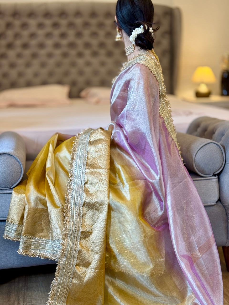 Dual Shade Lavender Gold Maharani Tissue Silk Saree