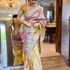 Dual Shade Lavender Gold Maharani Tissue Silk Saree