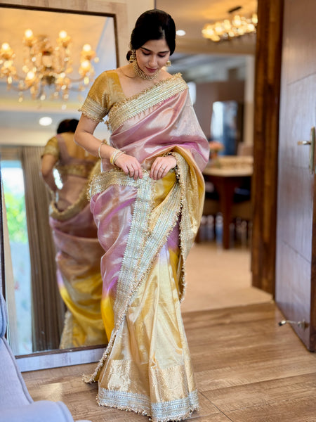 Dual Shade Lavender Gold Maharani Tissue Silk Saree