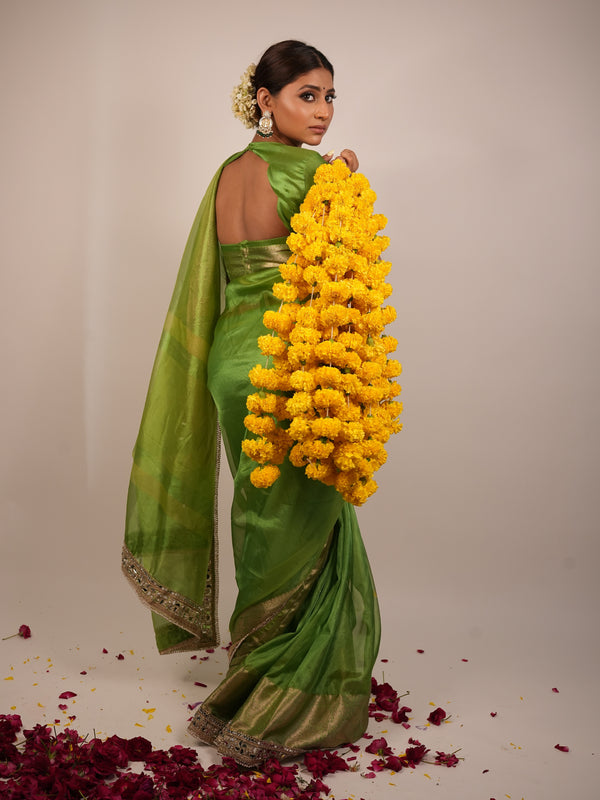 Lime Green Banarasi Rajkumari Mirror Work Tissue Silk Saree