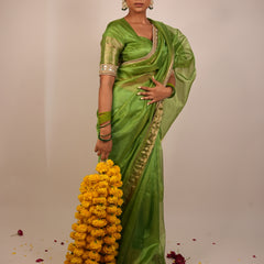 Lime Green Banarasi Rajkumari Mirror Work Tissue Silk Saree
