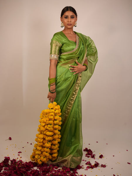 Lime Green Banarasi Rajkumari Mirror Work Tissue Silk Saree