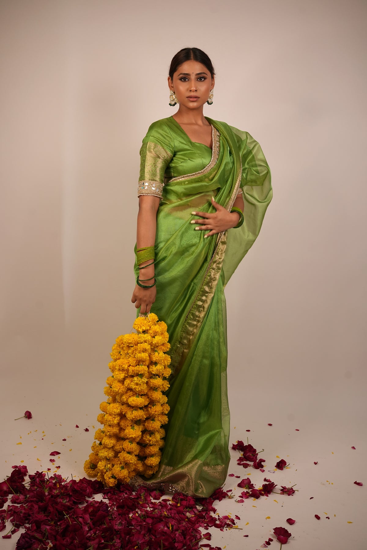 Lime Green Banarasi Rajkumari Mirror Work Tissue Silk Saree