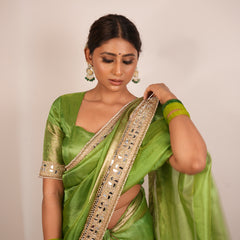 Lime Green Banarasi Rajkumari Mirror Work Tissue Silk Saree