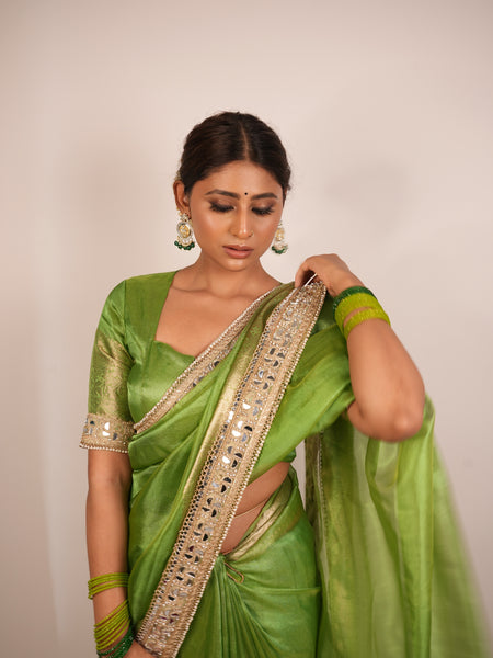 Lime Green Banarasi Rajkumari Mirror Work Tissue Silk Saree