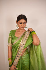 Lime Green Banarasi Rajkumari Mirror Work Tissue Silk Saree