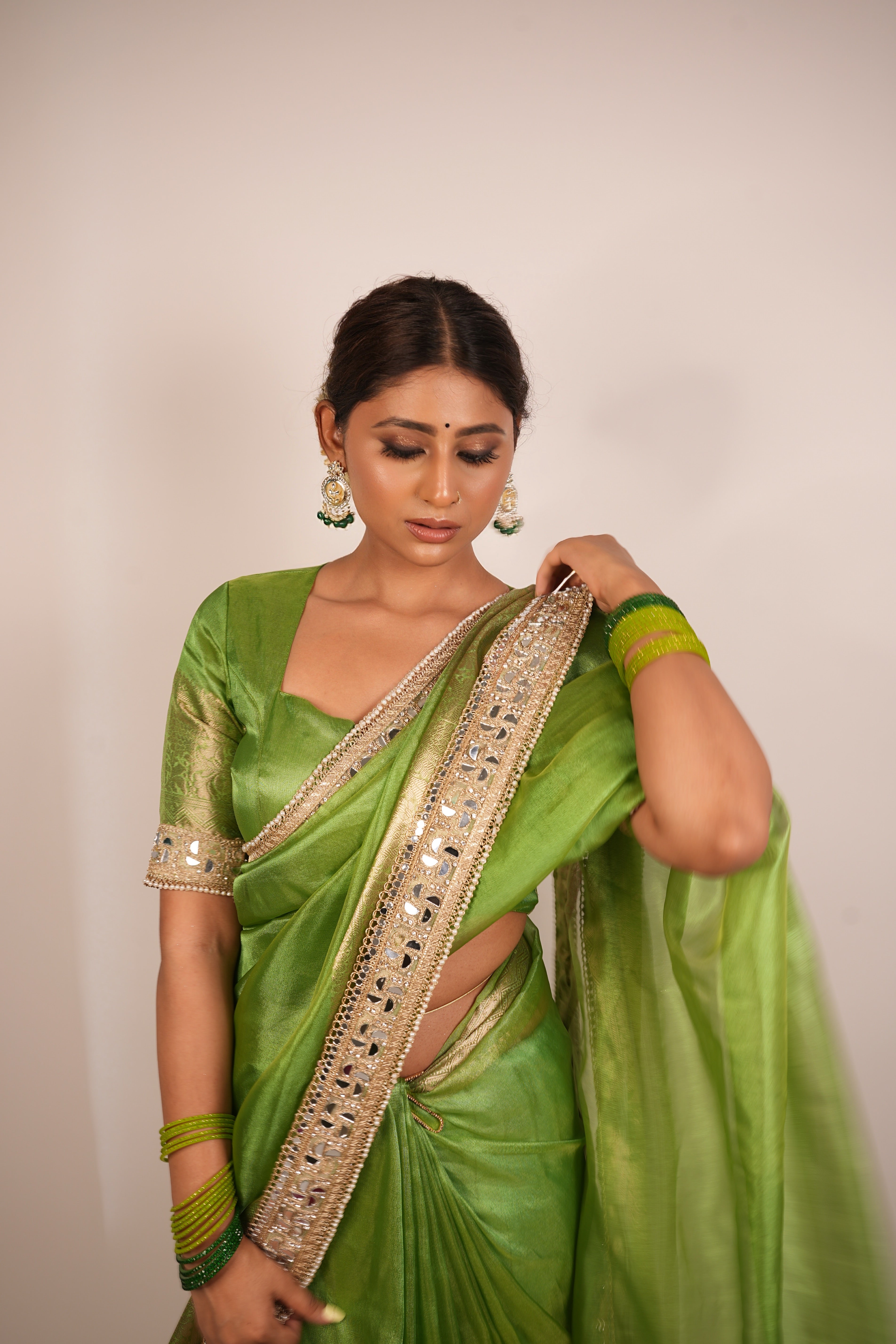Lime Green Banarasi Rajkumari Mirror Work Tissue Silk Saree