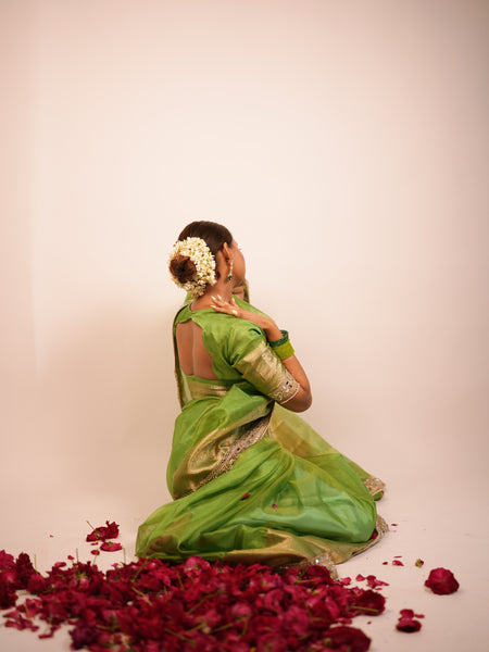 Lime Green Banarasi Rajkumari Mirror Work Tissue Silk Saree