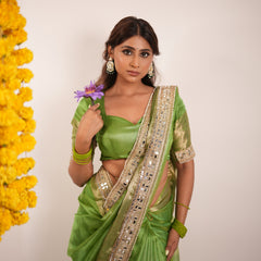 Lime Green Banarasi Rajkumari Mirror Work Tissue Silk Saree