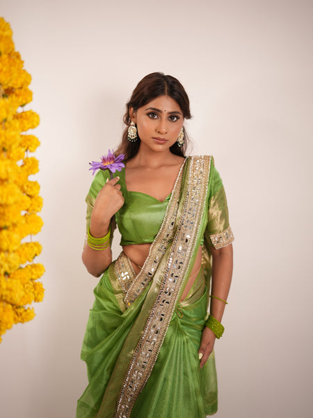 Lime Green Banarasi Rajkumari Mirror Work Tissue Silk Saree