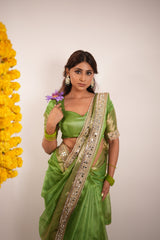 Lime Green Banarasi Rajkumari Mirror Work Tissue Silk Saree