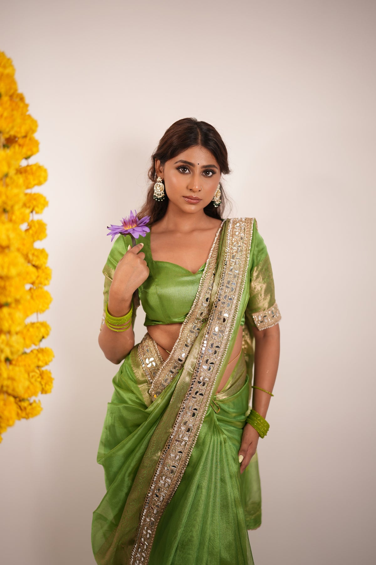 Lime Green Banarasi Rajkumari Mirror Work Tissue Silk Saree