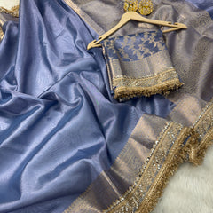 Lavender Blue Banarasi Riwaayat Tissue Silk Saree | Easy To Carry
