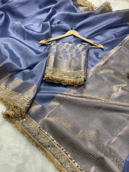 Lavender Blue Banarasi Riwaayat Tissue Silk Saree | Easy To Carry