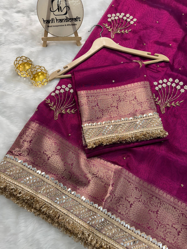 Magenta Pink Chand Baliyan Pearl Motif Hand Zardozi Work Saree