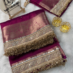 Magenta Pink Chand Baliyan Pearl Motif Hand Zardozi Work Saree