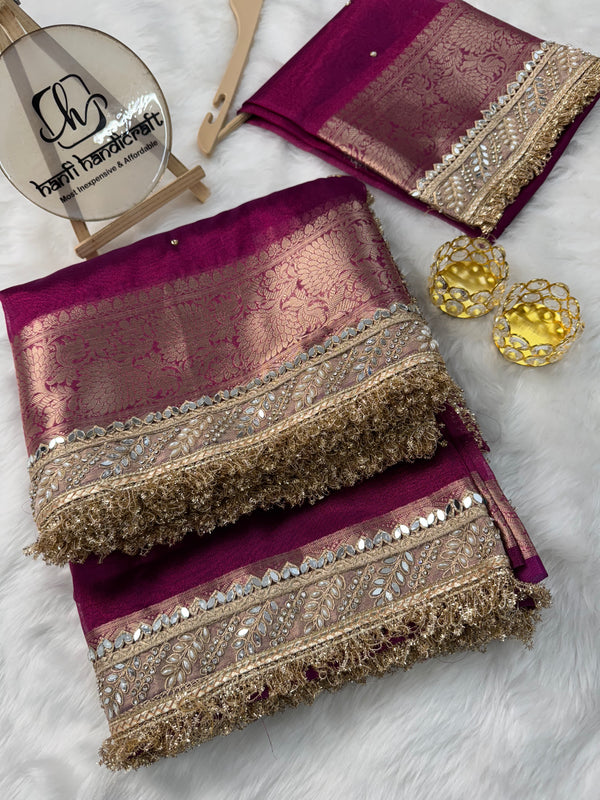 Magenta Pink Chand Baliyan Pearl Motif Hand Zardozi Work Saree