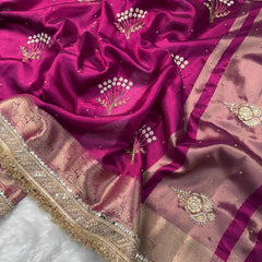 Magenta Pink Chand Baliyan Pearl Motif Hand Zardozi Work Saree