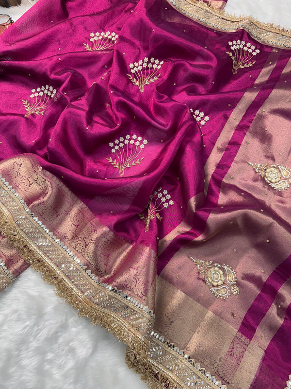 Magenta Pink Chand Baliyan Pearl Motif Hand Zardozi Work Saree
