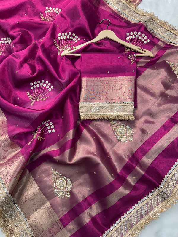 Magenta Pink Chand Baliyan Pearl Motif Hand Zardozi Work Saree