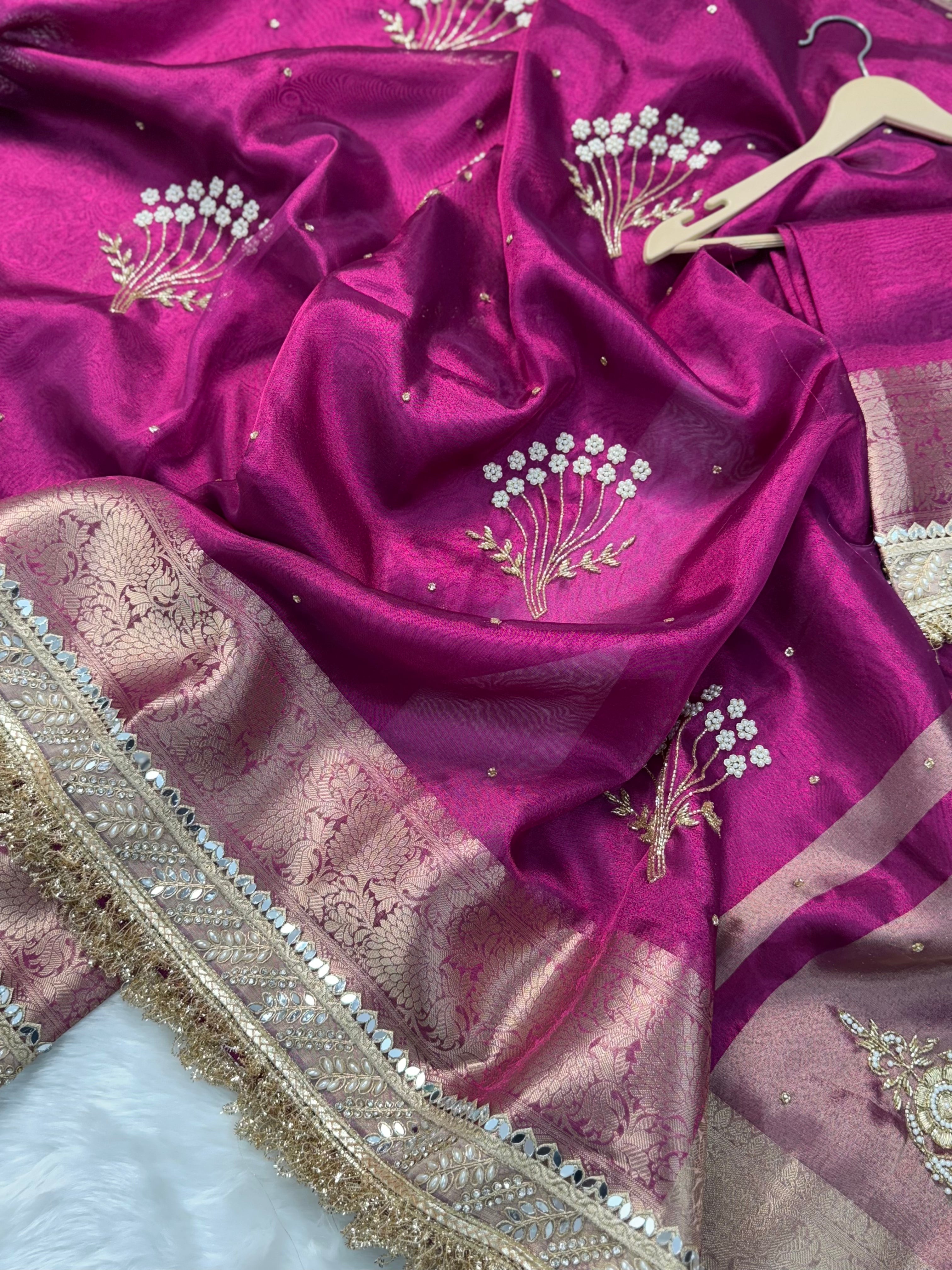 Magenta Pink Chand Baliyan Pearl Motif Hand Zardozi Work Saree – Hanfi ...