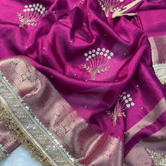 Magenta Pink Chand Baliyan Pearl Motif Hand Zardozi Work Saree