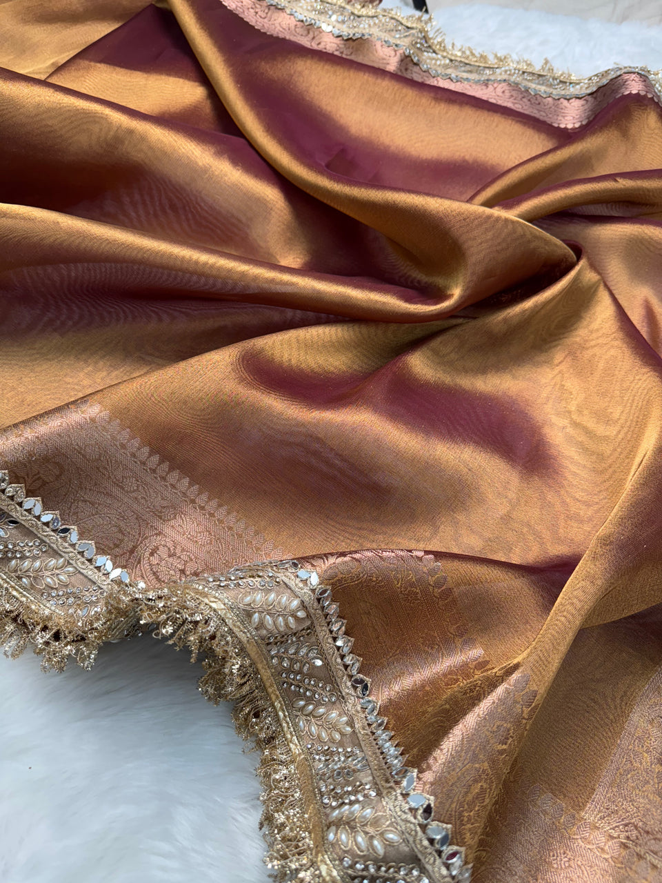 Copper Gold Banarasi Riwaayat Tissue Silk Saree | Easy To Carry