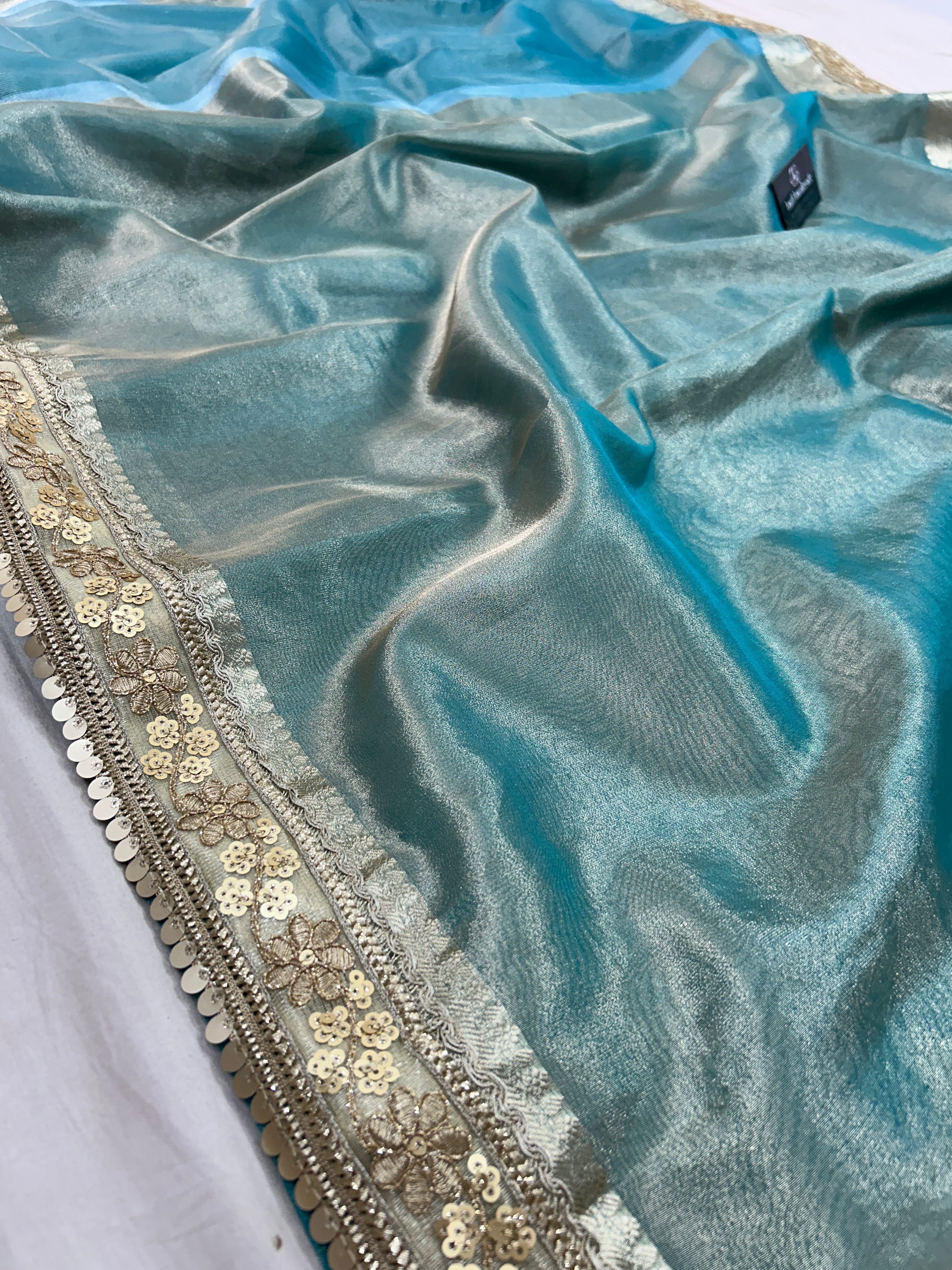 Firozi Blue Designer Tissue Silk Saree with Hand Zardozi Work