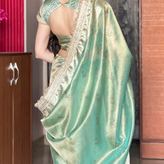 Sea Green Ranibagh Swarovski Work Banarasi Tissue Silk Saree