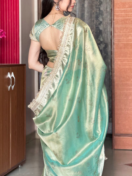 Sea Green Ranibagh Swarovski Work Banarasi Tissue Silk Saree