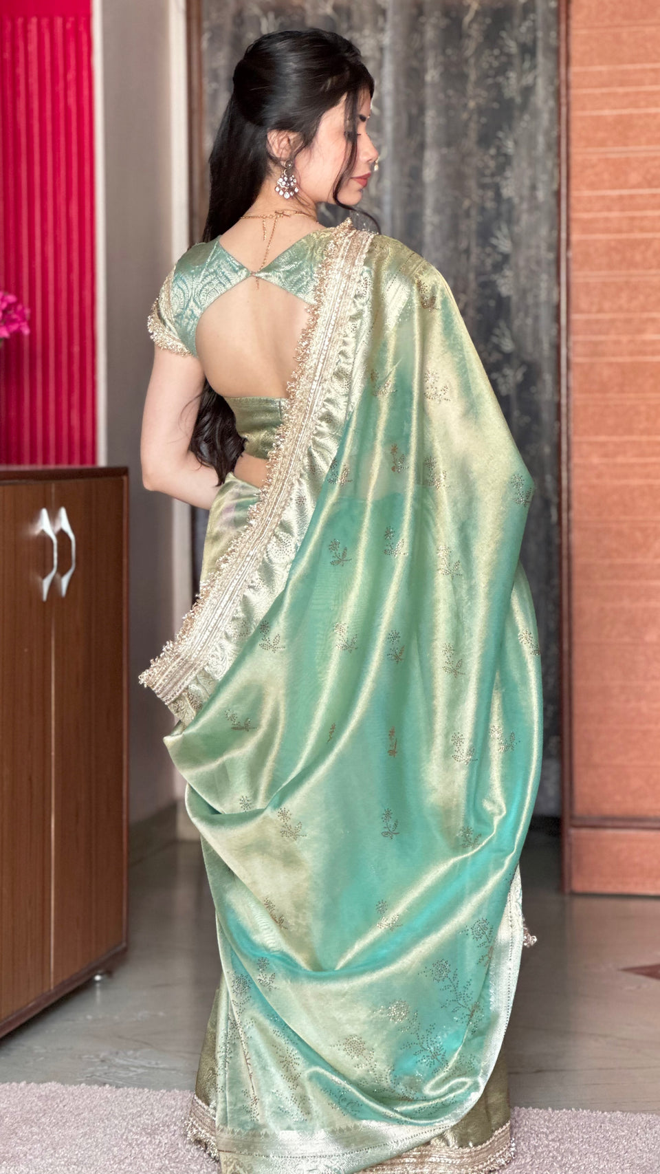 Sea Green Ranibagh Swarovski Work Banarasi Tissue Silk Saree