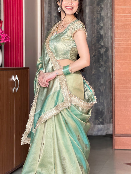 Sea Green Ranibagh Swarovski Work Banarasi Tissue Silk Saree